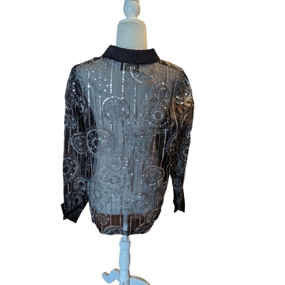 Bob Mackie black sheer witchy whimsigoth oversized silver sequins shirt sz M - Picture 6 of 10